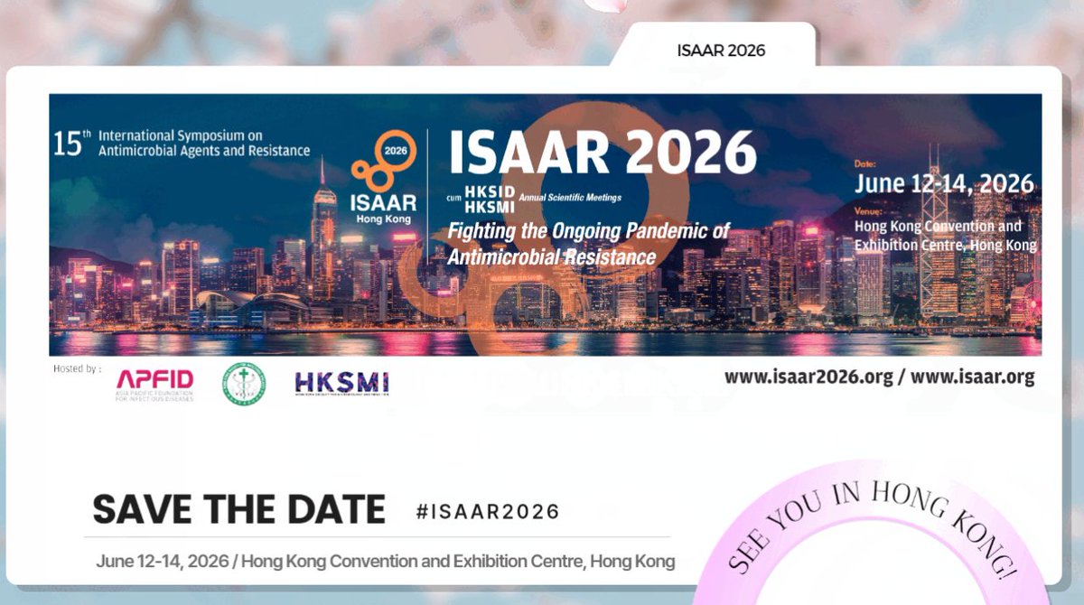 ISAC_world's tweet image. ISAC is delighted to be a supporting society for the 15th International Symposium on #Antimicrobial Agents and Resistance (ISAAR) organised by the Asia Pacific Foundation for Infectious Diseases (APFID).

📆12 - 14 June 2025
📌Hong Kong

Find out more ⬇
isaar2026.org