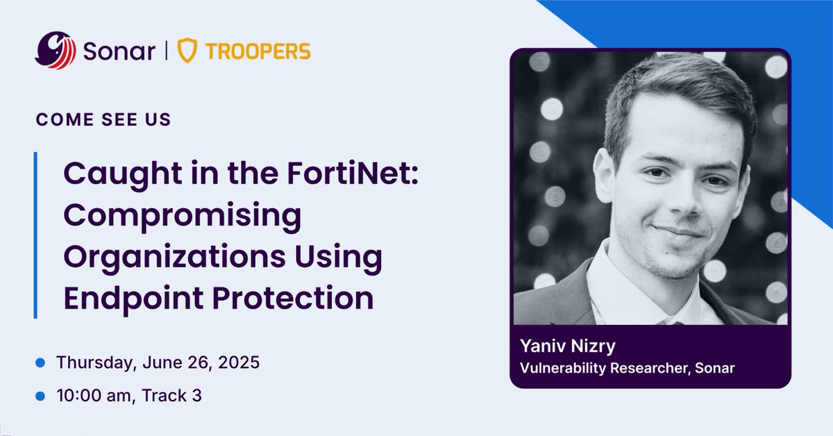 Sonar Research (@sonar_research) on Twitter photo Catch our second talk at #TROOPERS25:
🕸️ Caught in the FortiNet: Compromising Organizations Using Endpoint Protection
<a href="/YNizry/">Yaniv Nizry</a> will tell you the story of multiple vulnerabilities in Fortinet products that can compromise an entire organization, starting with a single click Catch our second talk at #TROOPERS25:
🕸️ Caught in the FortiNet: Compromising Organizations Using Endpoint Protection
<a href="/YNizry/">Yaniv Nizry</a> will tell you the story of multiple vulnerabilities in Fortinet products that can compromise an entire organization, starting with a single click