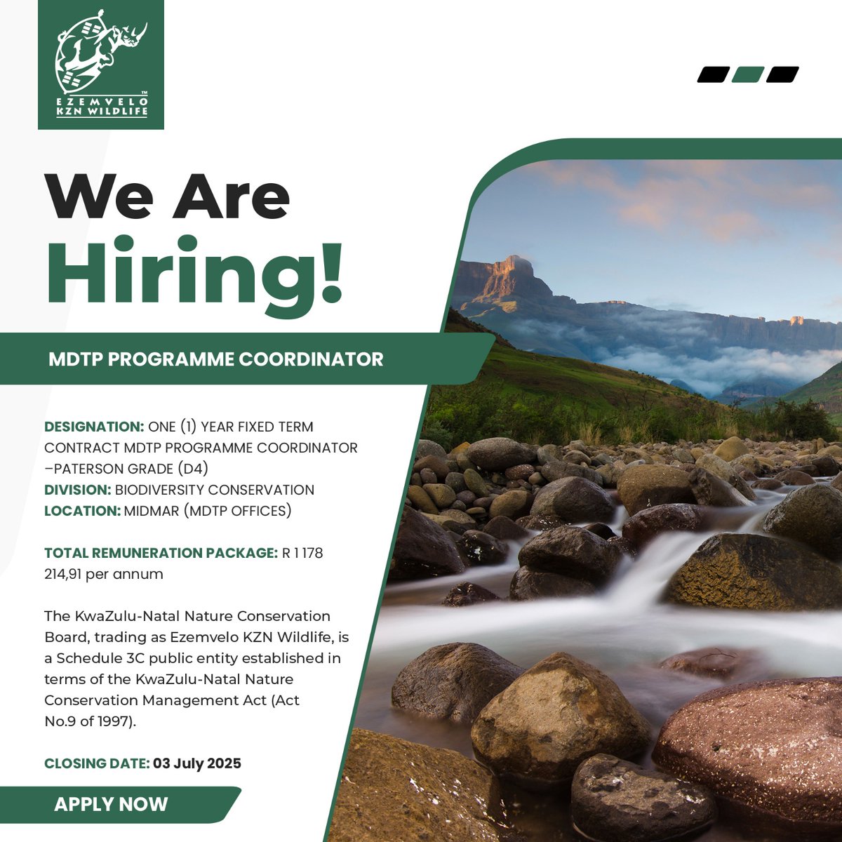 WE ARE HIRING!!

MDTP PROGRAMME COORDINATOR 
(1-year fixed term contract) to join our Biodiversity Conservation division in Midmar.

📅 Closing Date: 03 July 2025

🔗Link in bio.

#LetsGoWild