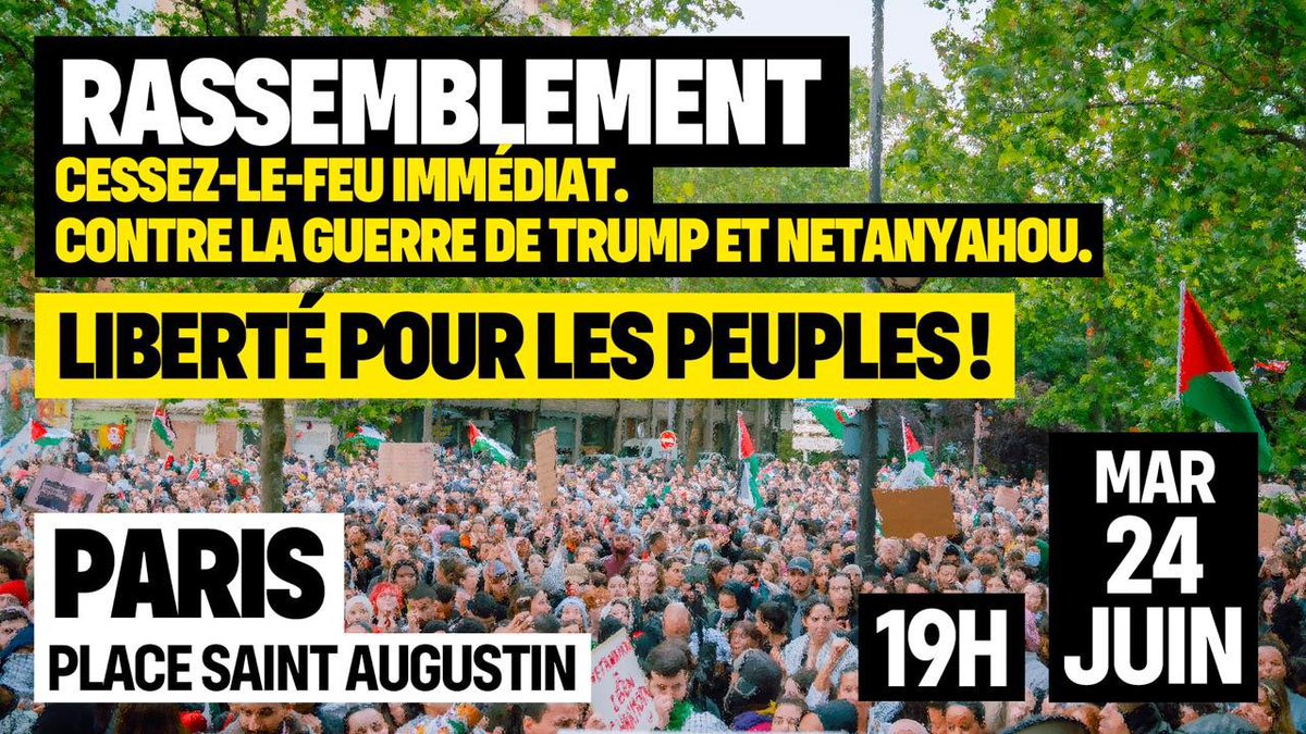 Pour un cessez-le-feu immédiat, rendez-vous ce soir à 19h Place Saint Augustin. 

Liberté pour les peuples !