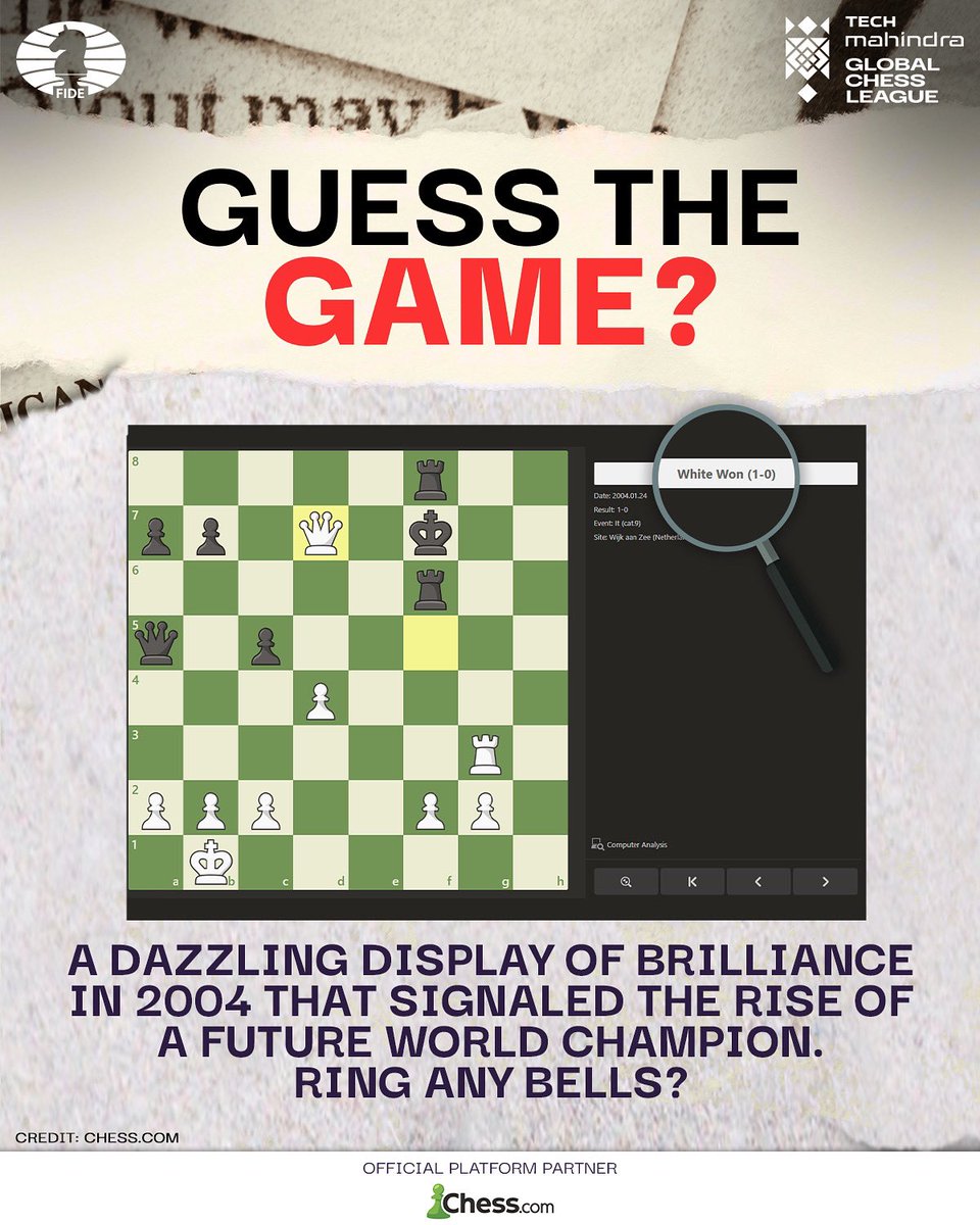 Tech Mahindra Global Chess League (@gcllive) on Twitter photo Before he squeezed endgames, he crushed Kings ๐ซก
A tactical gem from the early days of a legend. Can you guess this iconic battle? ๐
#TheNextMove #TechMGCL | <a href="/FIDE_chess/">International Chess Federation</a> Before he squeezed endgames, he crushed Kings ๐ซก
A tactical gem from the early days of a legend. Can you guess this iconic battle? ๐
#TheNextMove #TechMGCL | <a href="/FIDE_chess/">International Chess Federation</a>