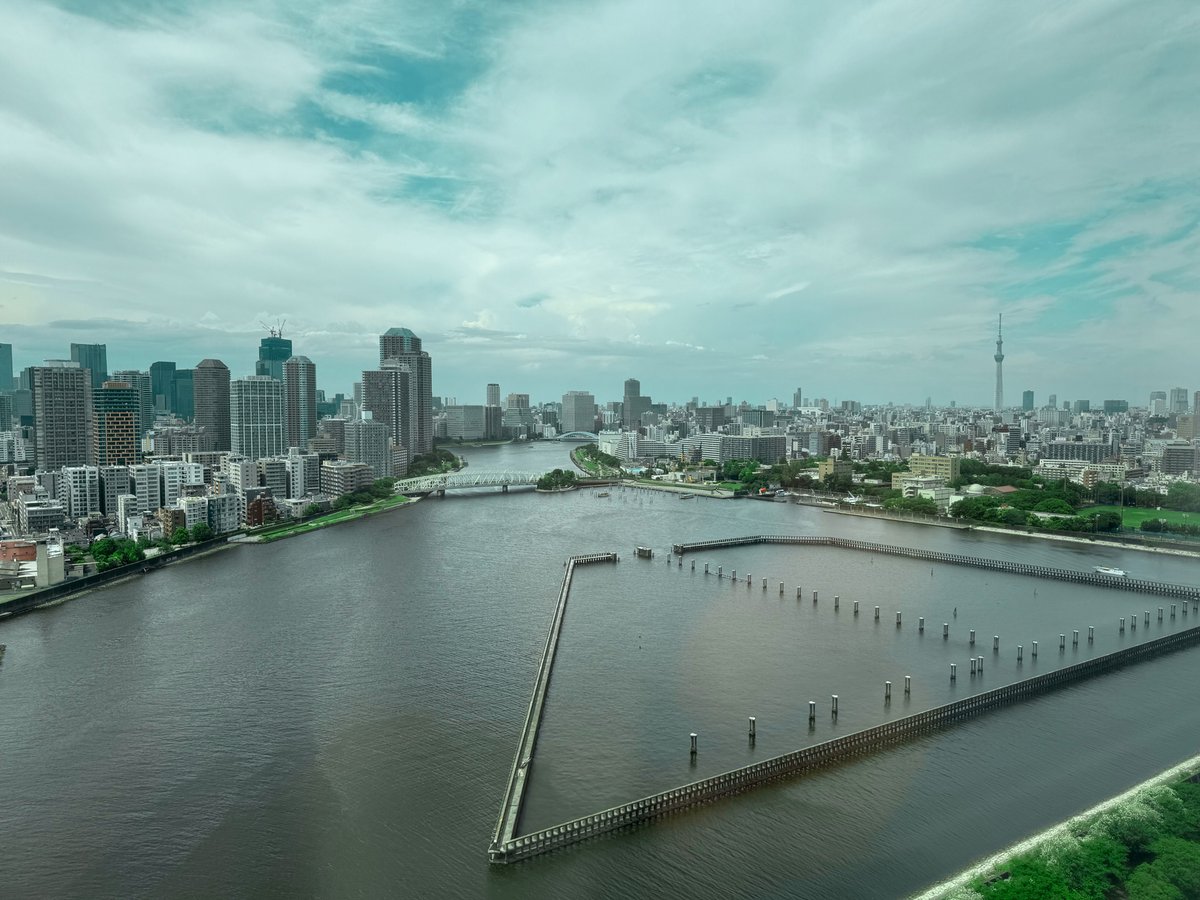 梅雨空が戻ってきた #BIPROGY 本社周辺です。

本社ビルから見下ろすと見える囲いは豊洲貯木場跡。2000年ぐらいまではたくさんの木材で埋め尽くされていて、作業員の方が木から木へと乗り移る光景が見られたものですが、時代の流れでもう使われていません😢