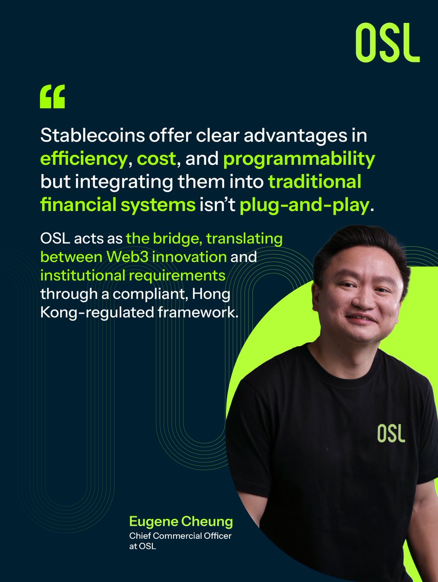 OSL (@osldotcom) on Twitter photo Eugene Cheung <a href="/ecgold888/">Eugene Cheung</a> , Chief Commercial Officer of OSL, sees stablecoin as a clear efficiency upgrade—and positions OSL as the bridge between Web3 innovation and institutional adoption through compliant infrastructure.
#Stablecoin Eugene Cheung <a href="/ecgold888/">Eugene Cheung</a> , Chief Commercial Officer of OSL, sees stablecoin as a clear efficiency upgrade—and positions OSL as the bridge between Web3 innovation and institutional adoption through compliant infrastructure.
#Stablecoin