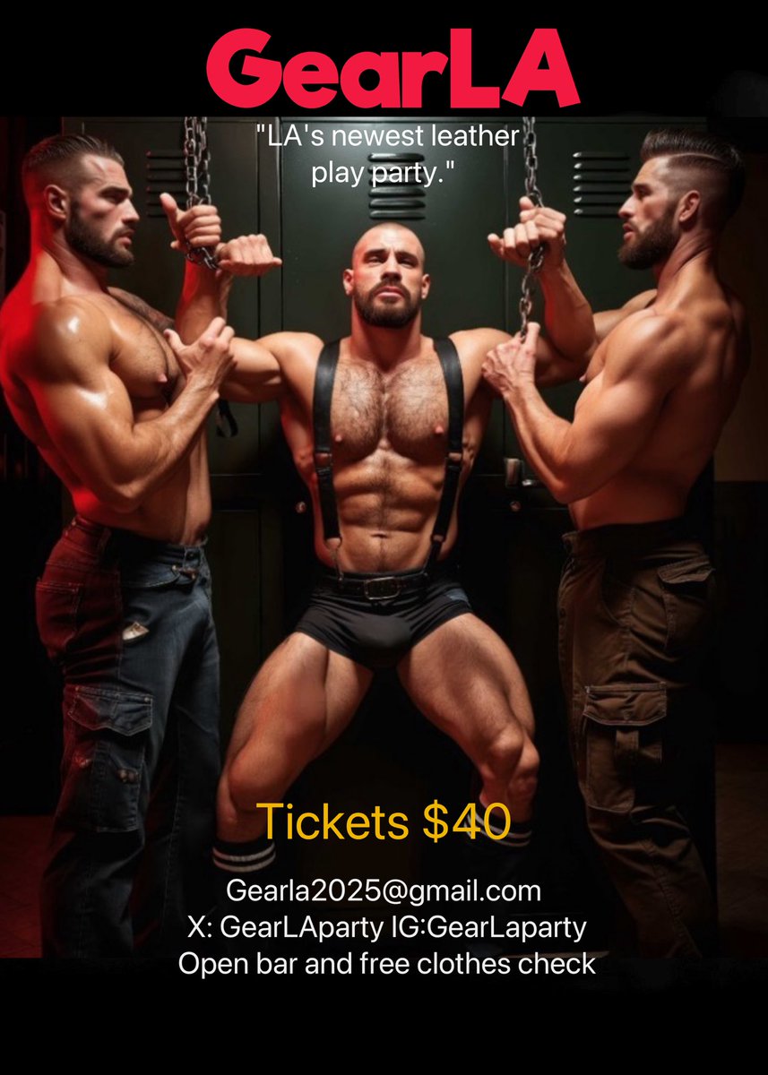 GearLAparty's tweet photo. The party everyone’s been talking about and asking about GearLA is back this Saturday 6/28 11pm you’ve all been asking and reaching well the time is here 🔥 RSVP now: GearLA2025@gmail.com 🔥
#GearLA #PrideMonth #LeatherPlay #LAEvents #QueerLA https://t.co/wBiFymiDDv