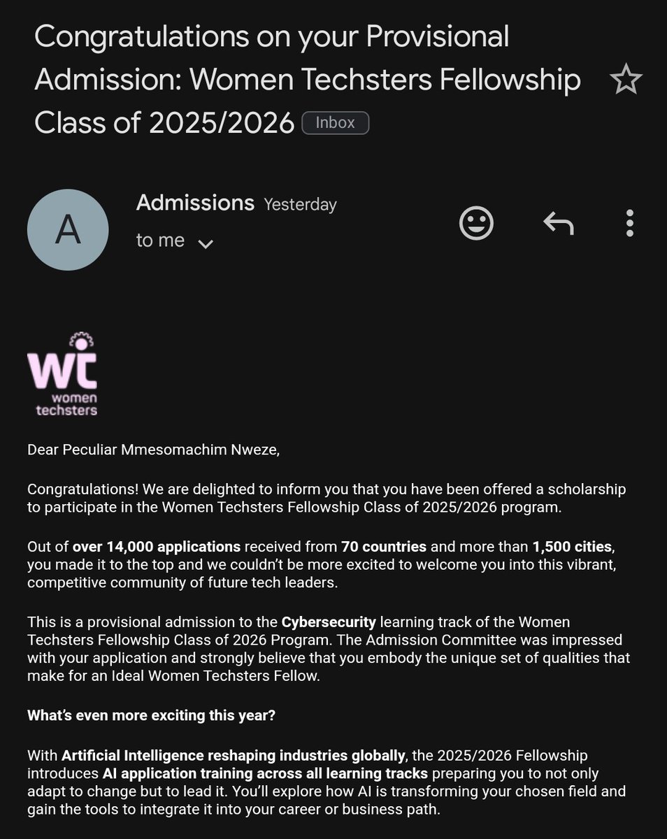 _peculiar____'s tweet photo. Back-to-back wins. To God be the glory!
Yesterday gave double ☺️, I received a certificate and I got into the Women Techsters Fellowship 2025/2026 — Cybersecurity Track with a touch of AI.
 Let’s go💻🛡️!!!
Grateful. Ready. 
#WomenTechsters #Cybersecurity #GodDidIt https://t.co/bXsLQmxXPF