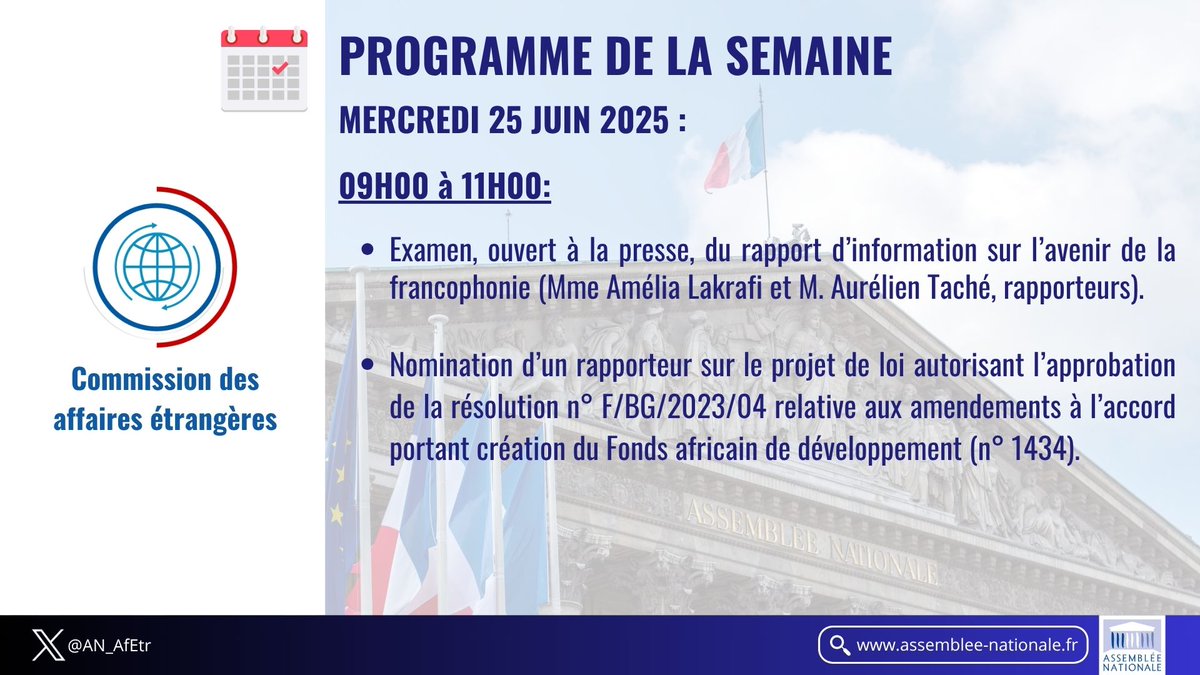 🗓️ Retrouvez le programme de la commission des affaires étrangères pour cette semaine.

👇 📸 

#AffairesÉtrangères #DirectAN