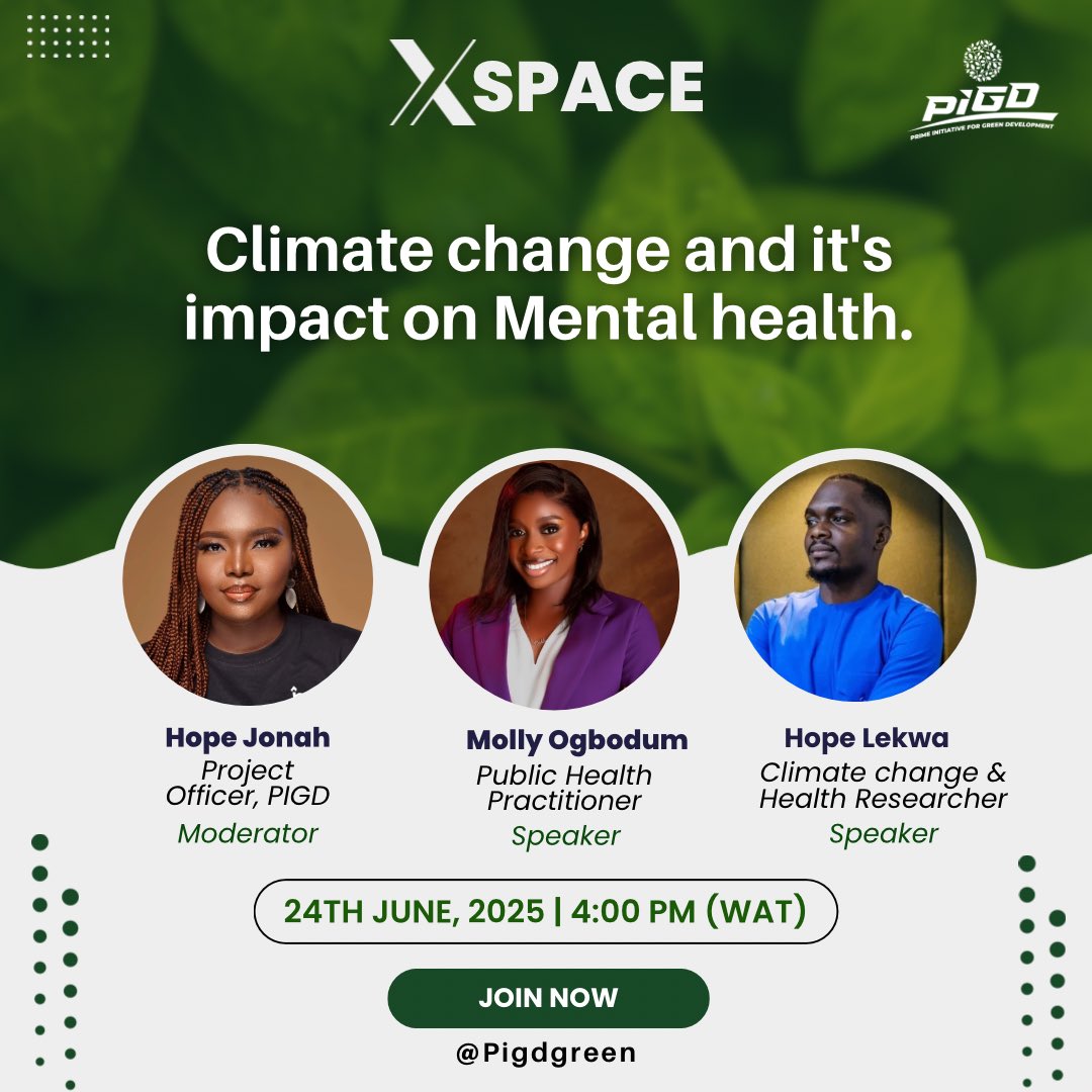Pigdgreen's tweet photo. 🌍 Climate change is not just an environmental crisis it's a mental health crisis too.

🧠 1 in 5 people hit by extreme weather report mental distress. Climate anxiety is real.

🎙️ Join us on June 24th at 4PM (WAT) for a powerful XSpace on: Climate Change & Mental Health
🔗 Join here: https://t.co/EBVQGY1nic

Speakers: ✨ Hope Jonah – Moderator ✨ Molly Ogbodum – Public Health Practitioner ✨ Hope Lekwa – Health & Climate Researcher

#ClimateAnxiety #XSpace #MentalHealthMatters #PIGD #EcoHealth #ClimateTalks