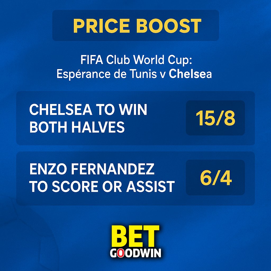 betgoodwinuk's tweet image. 🔥 Price Boosts for the Club World Cup! 🔥
Esperance de Tunis v Chelsea 🇹🇳⚔️🇬🇧
🔵 Chelsea To Win Both Halves – 15/8
🟡 Enzo Fernandez To Score or Assist – 6/4

Bet now 👉 betgoodwin.co.uk/sportsbook/SPE…

#ClubWorldCup #Chelsea #PriceBoost #FootballBetting #BetGoodwin