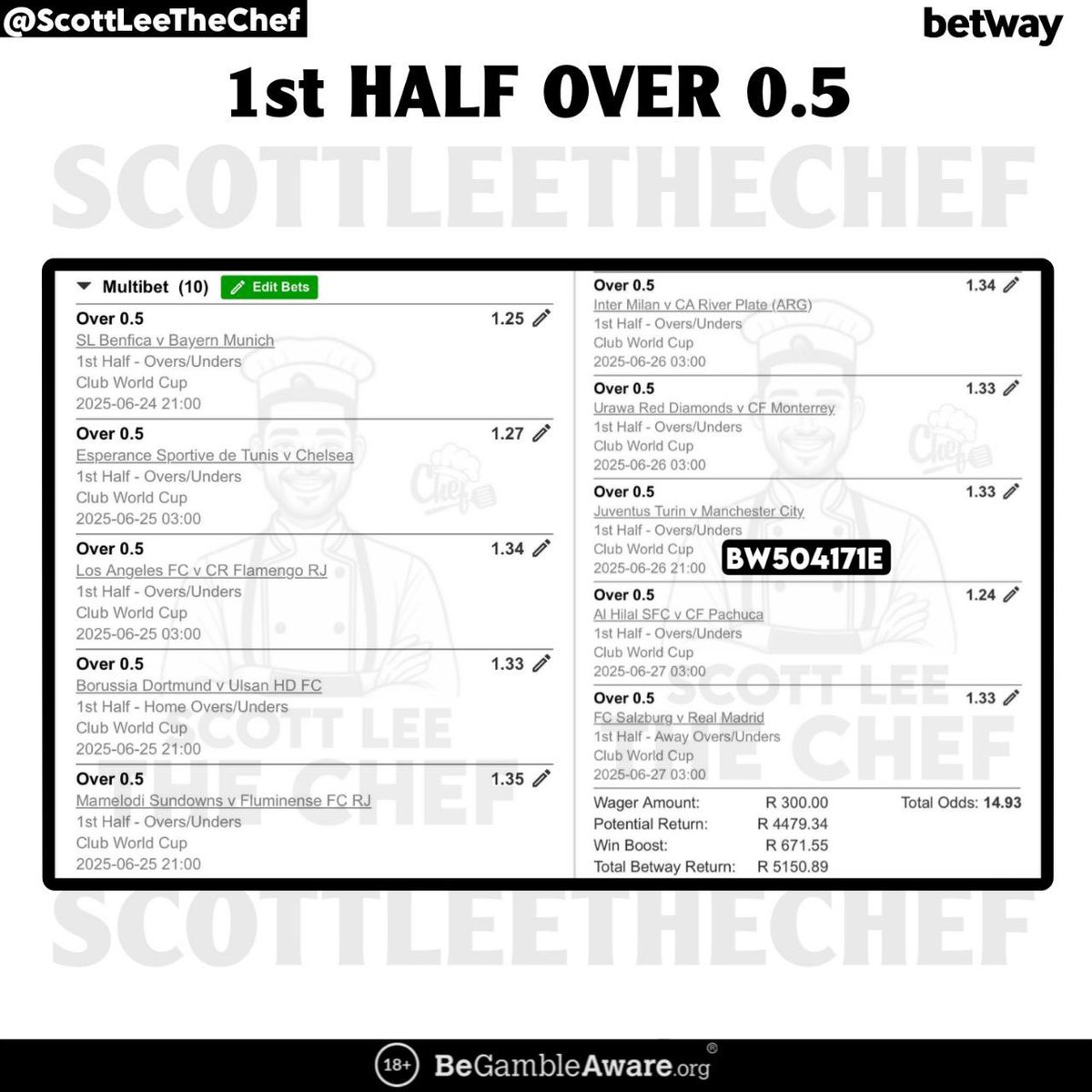 ScottLeeTheChef's tweet photo. 🌟 14 ODDS | 1st HALF OVER 0.5

⚡️ Betcode —> BW504171E

🔗 Betslip —> https://t.co/fwRFMUOEBn

👨🏽‍🍳. https://t.co/2Y6Ha6H2Gq
