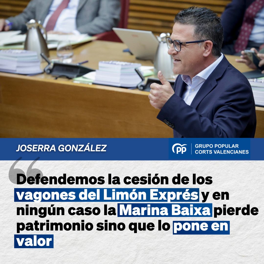 La cesión de los seis vagones del Limón Express es temporal. Será el Consorcio del Tren Turístico Ponfeblino quien asuma su restauración y puesta en marcha.

🔴 Tras ocho años del PSPV al frente de la Generalitat no se dio ningún paso respecto al Limón Express.

🗣️ <a href="/JoserraZarate/">José Ramón González de Zárate</a>