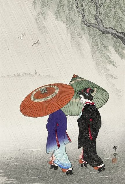 "Cheer up, sparrows!    
 rainy season won't    
 last forever"       

 (images: Koson Ohara)