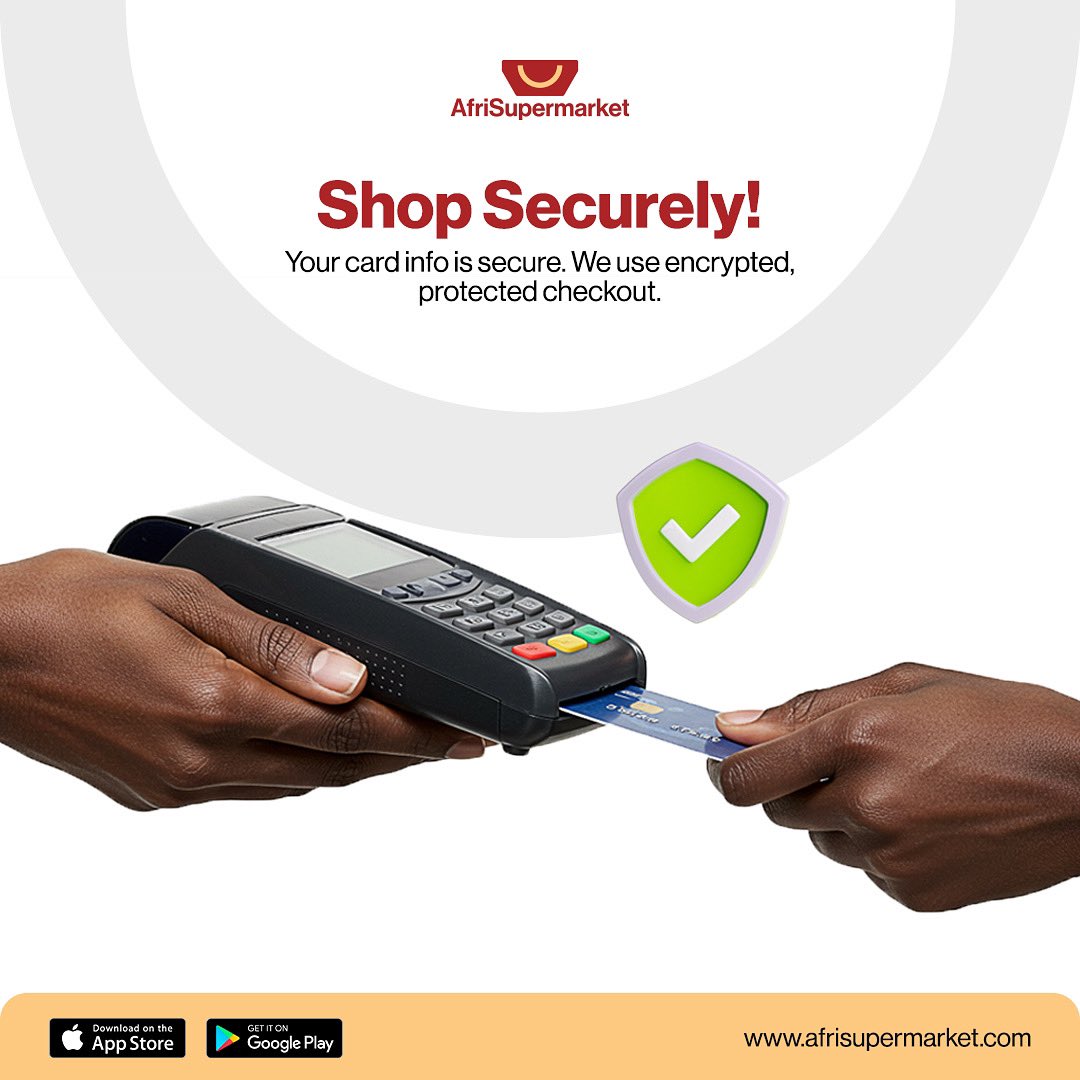 🛒🔐 Shop with Confidence at AfriSupermarket!
Your card details are always safe with us — we use encrypted, protected checkout systems for every transaction. Enjoy a worry-free shopping experience.
#AfriSupermarket #SecurePayments #ShopSmart #EncryptedCheckout
