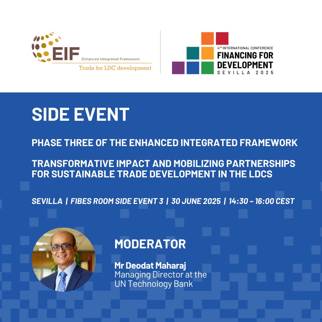 Enhanced Integrated Framework (@eif4ldcs) on Twitter photo ๐ค We're pleased to share that <a href="/deodat_maharaj/">Deodat Maharaj</a>, Managing Director at <a href="/UNTechBank/">UN Technology Bank for Least Developed Countries</a>, will moderate our #FFD4 side event co-organized with Djibouti & Finland.
A timely exchange on EIF Phase Three and trade-led development ๐
๐ FIBES Room Side Event 3
๐๏ธ 30 June | โฐ 14:30 - 16:00 ๐ค We're pleased to share that <a href="/deodat_maharaj/">Deodat Maharaj</a>, Managing Director at <a href="/UNTechBank/">UN Technology Bank for Least Developed Countries</a>, will moderate our #FFD4 side event co-organized with Djibouti & Finland.
A timely exchange on EIF Phase Three and trade-led development ๐
๐ FIBES Room Side Event 3
๐๏ธ 30 June | โฐ 14:30 - 16:00