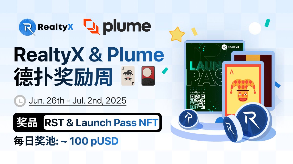 RealtyX中文社区 (@realtyx_cn) on Twitter photo 🧵 RealtyX × Plume 德扑奖励周即将开赛!
连续7天,每天都有机会斩获 RWA 资产 + NFT + Plume Discord XP!
为庆祝 Plume 主网稳定运行,以及 RealtyX 房产上线 Plume 主网并在 Royco 开启两轮质押激励,
<a href="/RealtyX_CN/">RealtyX中文社区</a> 联合 <a href="/plumeinchina/">Plume China Community</a> 中文社区发起 “德扑奖励周”! 🧵 RealtyX × Plume 德扑奖励周即将开赛!
连续7天,每天都有机会斩获 RWA 资产 + NFT + Plume Discord XP!
为庆祝 Plume 主网稳定运行,以及 RealtyX 房产上线 Plume 主网并在 Royco 开启两轮质押激励,
<a href="/RealtyX_CN/">RealtyX中文社区</a> 联合 <a href="/plumeinchina/">Plume China Community</a> 中文社区发起 “德扑奖励周”!