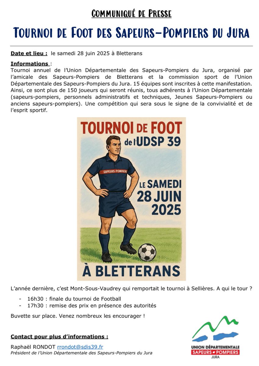 UDSP 39 (@udsp_39) on Twitter photo #Communiqué ⚽️ 🚒 | le Tournoi de football c’est ce samedi à Bletterans ! 👨🏻🚒 à samedi ! 👌🏻 <a href="/ClmentComte1/">Clément Comte</a> <a href="/Rondot_Raphael/">Raphaël Rondot</a> <a href="/guyon_j/">GUYON Jérôme</a> <a href="/SDIS39/">SDIS du Jura</a> <a href="/Prefet39/">Préfet du Jura</a> <a href="/BoslandJP/">Jean-Paul Bosland</a> <a href="/PompiersFR/">Pompiers de France</a> <a href="/eleonore_vrmr/">eleonore</a> <a href="/micka39/">Mickael Puyfages</a> <a href="/TissotJulien39/">Tissot Julien</a> <a href="/phuguenet/">Philippe Huguenet</a> <a href="/Hugogrdt1/">Hugo Girardet</a> <a href="/Piquet804/">Nicolas Piquet</a> #Communiqué ⚽️ 🚒 | le Tournoi de football c’est ce samedi à Bletterans ! 👨🏻🚒 à samedi ! 👌🏻 <a href="/ClmentComte1/">Clément Comte</a> <a href="/Rondot_Raphael/">Raphaël Rondot</a> <a href="/guyon_j/">GUYON Jérôme</a> <a href="/SDIS39/">SDIS du Jura</a> <a href="/Prefet39/">Préfet du Jura</a> <a href="/BoslandJP/">Jean-Paul Bosland</a> <a href="/PompiersFR/">Pompiers de France</a> <a href="/eleonore_vrmr/">eleonore</a> <a href="/micka39/">Mickael Puyfages</a> <a href="/TissotJulien39/">Tissot Julien</a> <a href="/phuguenet/">Philippe Huguenet</a> <a href="/Hugogrdt1/">Hugo Girardet</a> <a href="/Piquet804/">Nicolas Piquet</a>