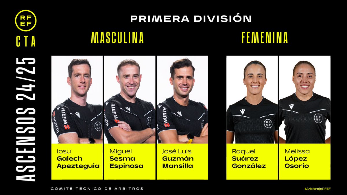 🚨 Informe arbitral de la temporada 2024/25 para las categorías profesionales.

⬆️ Ascienden a Primera División:

🙋Galech Apezteguia
🙋Sesma Espinosa
🙋 Guzmán Mansilla

🙋‍♀️ Suárez González 
🙋‍♀️ López Osorio

🔗Consulta aquí el informe completo: rfef.es/es/noticias/in…