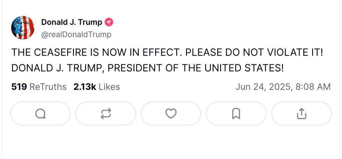 « Le cessez-le-feu est entré en vigueur. Ne le violez pas, s’il vous plais  ! » - Trump a déclaré une trêve entre Israël et l'Iran EN MAJUSCULES 

La trêve est déjà violée…. 🤷‍♀️