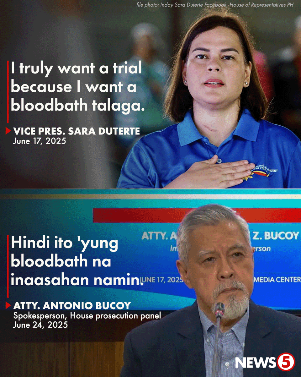 'IS THIS THE BLOODBATH SHE WANTS AND INSISTS?'

Pinuna ni House prosecution panel spokesperson Atty. Antonio Bucoy ang kagustuhan ni Vice Pres. Sara Duterte na magkaroon ng "bloodbath" sa kaniyang impeachment trial sa Senado.

Ayon kay Bucoy, base sa sagot ng bise sa summons ng