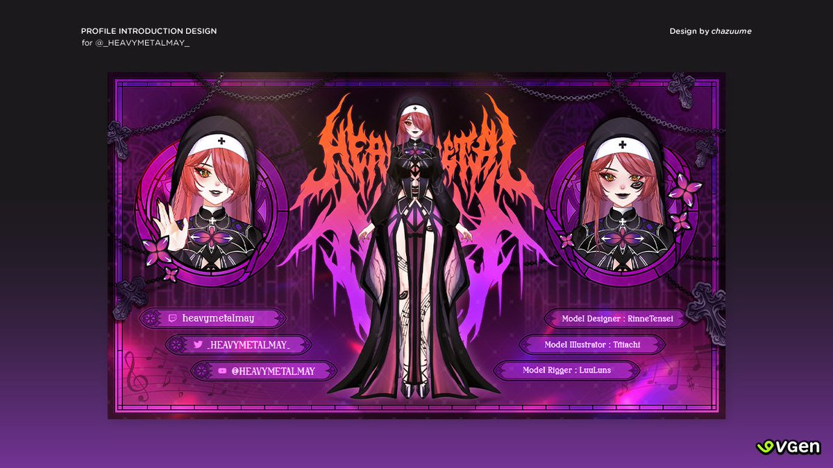 ♱ Thumbnail Design ♱ 

 We created @.HEAVYMETALMAY 's Profile Introduction Graphics! Her design was an absolute blast to work with, not often that we'll have a gothic, metal-singing nun as our lovely client ✨
#metalmayarts #VTuberAssets #ChaUmeWorks