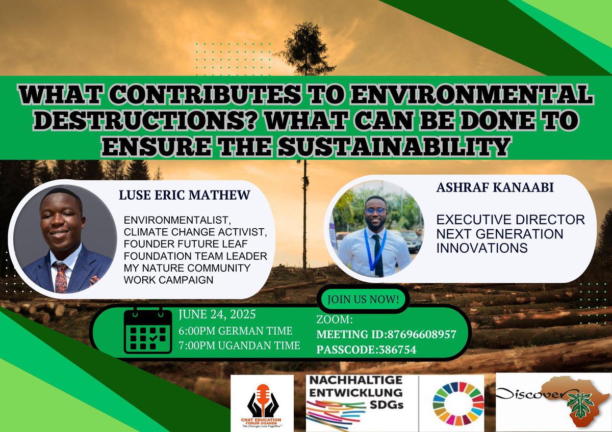 ChatUganda256's tweet photo. 🌍 Join the Conversation!
📆 24th June 2025
🕖 7:00–9:30PM EAT | 6:00–8:30PM CET
📌 Topic: What drives environmental destruction? What can we do to ensure sustainability?

🔑 Meeting ID: 876 9660 8957
🔒 Passcode: 386754

🌱 Don’t miss this!
#SDG14 #ClimateAction https://t.co/L1EhfmJerl