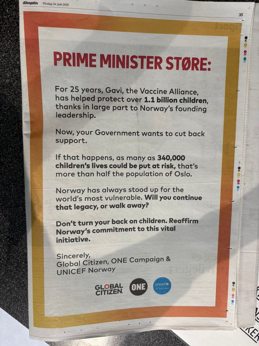 Global Citizen Impact (@glblctznimpact) on Twitter photo We took out a full-page ad with a message for 🇳🇴's PM <a href="/jonasgahrstore/">Jonas Gahr Støre</a>: Cutting Norway's funding to <a href="/gavi/">Gavi, the Vaccine Alliance</a> could put up to 340,000 children's lives at risk. Will you choose to let that happen and walk away, or continue Norway's legacy as a leader in global health? 💉 We took out a full-page ad with a message for 🇳🇴's PM <a href="/jonasgahrstore/">Jonas Gahr Støre</a>: Cutting Norway's funding to <a href="/gavi/">Gavi, the Vaccine Alliance</a> could put up to 340,000 children's lives at risk. Will you choose to let that happen and walk away, or continue Norway's legacy as a leader in global health? 💉