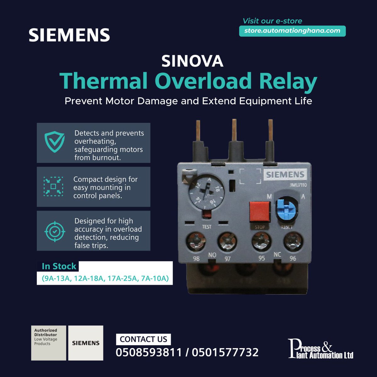 automationgh's tweet photo. Protect your motors before they fail!
The Siemens SINOVA Thermal Overload Relay prevents burnout, reduces false trips & mounts easily.
π¦ In stock: 7Aβ25A
π 0508593811 | 0501577732
π https://t.co/eM9CK8ycPY
#Siemens #MotorProtection #AutomationGhana #GHEngineering #TAGG https://t.co/MZYL26Gpiw