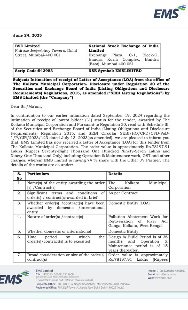 writteraniljain's tweet image. EMS LIMITED 
wins order of worth 781 cr from Kolkata municipal corporation 
Back to back order 
#EMSLTD