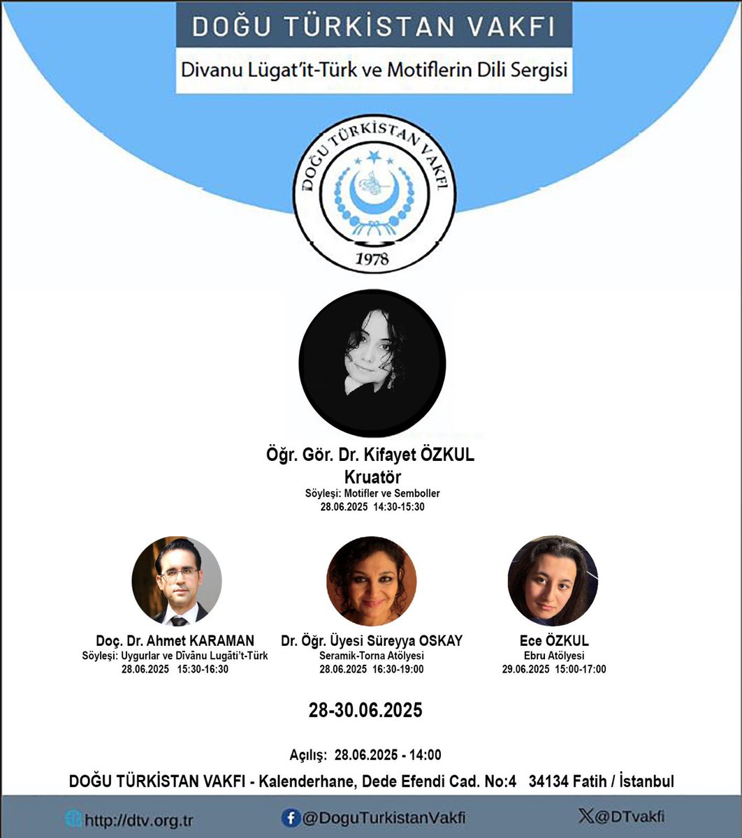 Doğu Türkistan Vakfı Sohbet Günleri

Kültürümüzün köklü mirasını yaşatmak adına hazırlanan “Divanu Lugat’it-Türk ve Motiflerin Dili Sergisi” programımız,
📅 28 Haziran 2025 Cumartesi
🕑 Saat 14.00’te
📍 Vakıf Merkezimizde gerçekleşecektir.

Birbirinden değerli hocalarımızın