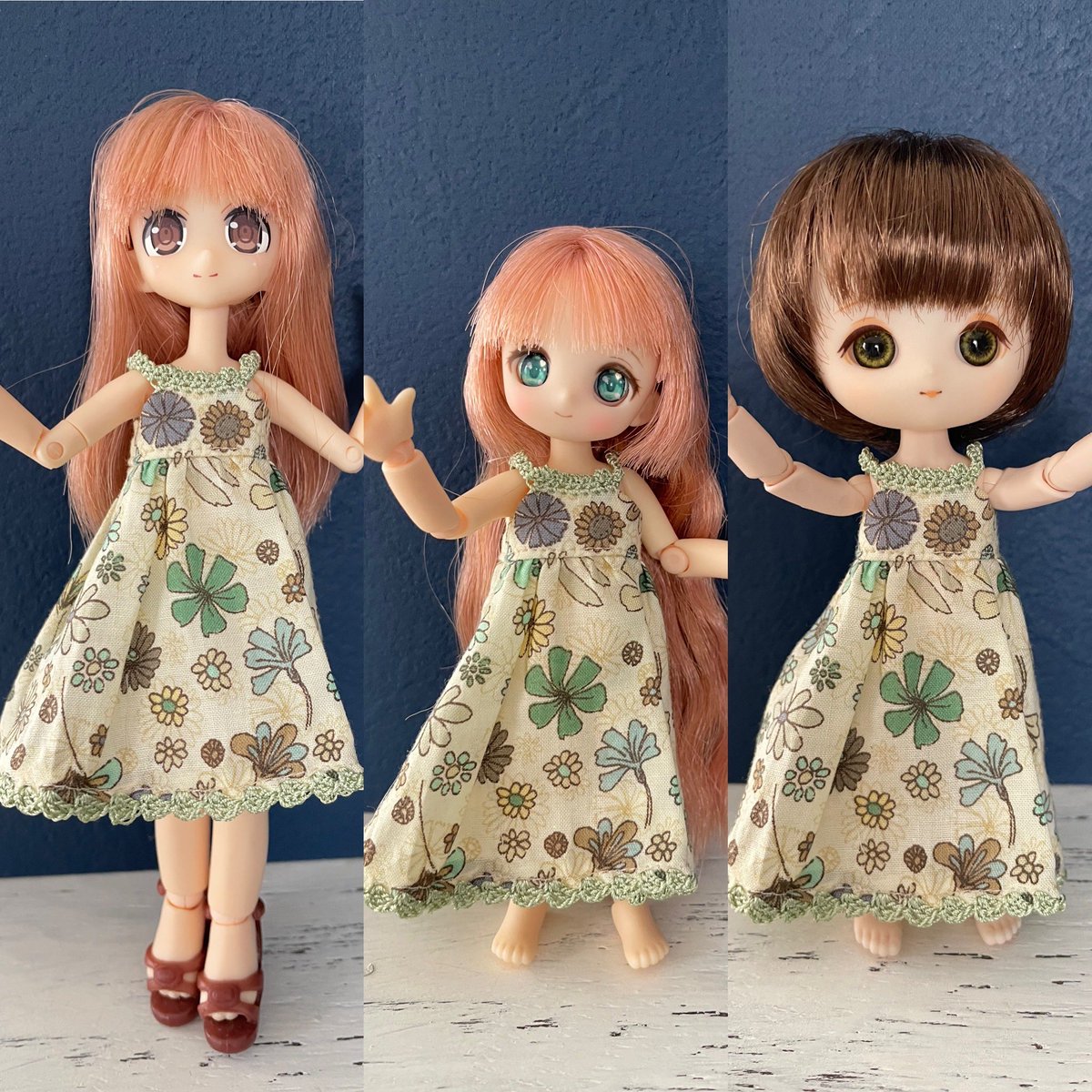 sofmori1's tweet image. 試してみたら、
ピコニーモ P
ピコニーモ S
オビツ11
着れました
裾と肩紐部分を緑の糸で編み付けました。
夏にピッタリの一枚です♪
ドールマーケットに持って行きます♪