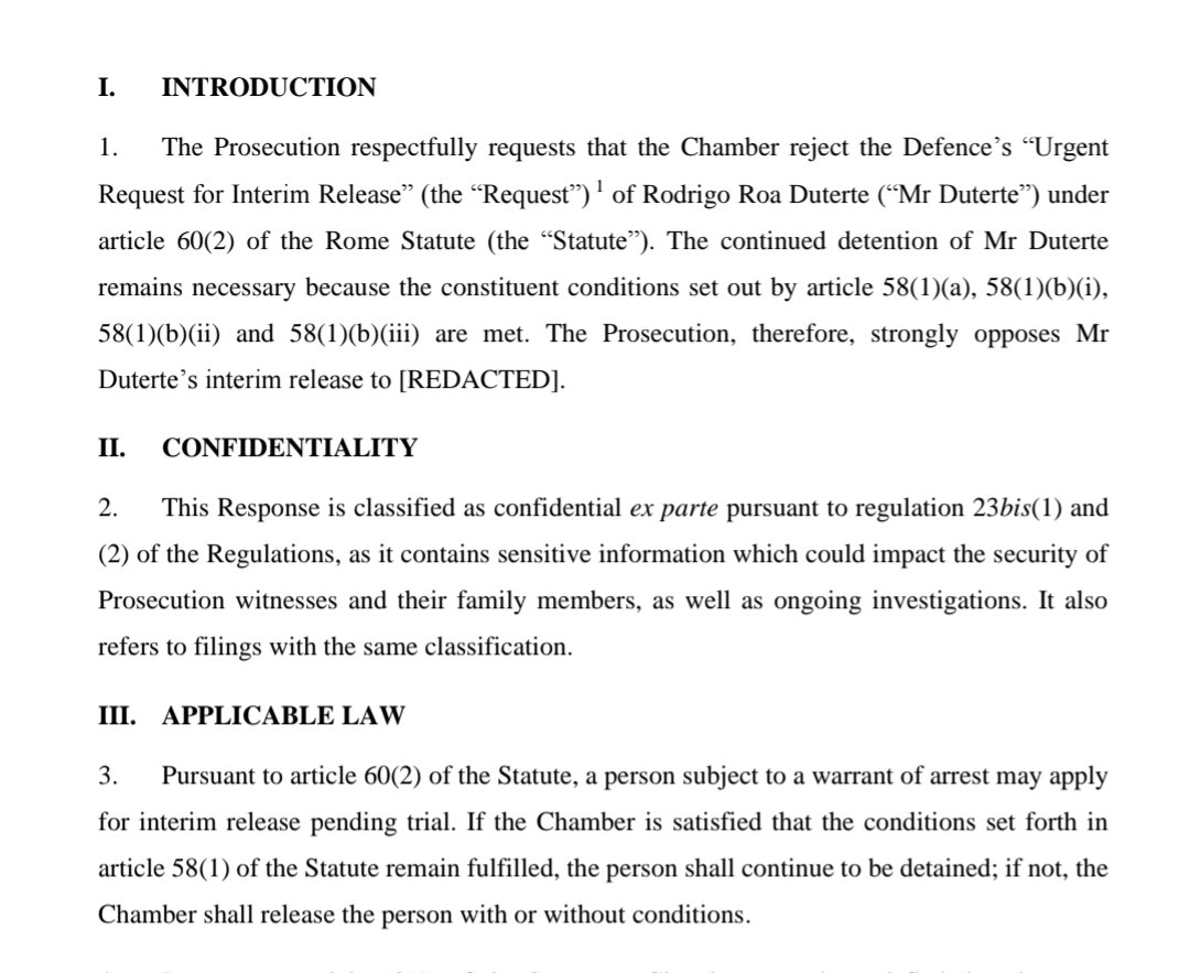 Update: Prosecution requests that the pre-trial chamber reject the request for interim release of Rodrigo Duterte.