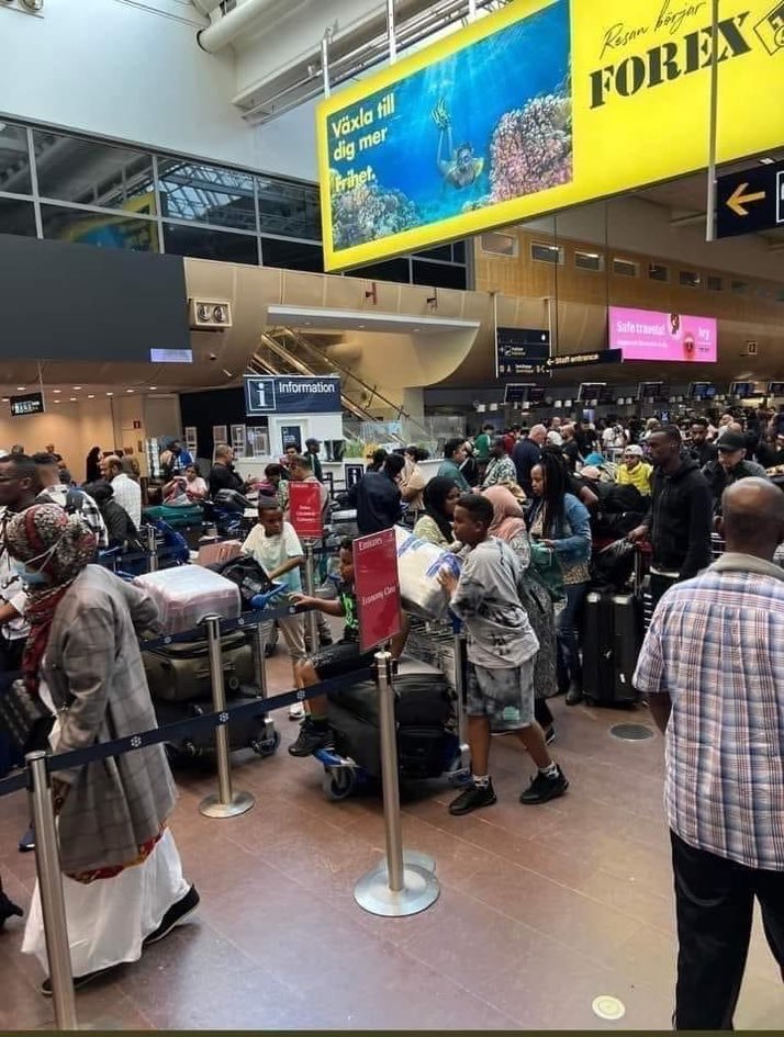 Koulut loppui, niin Arlandan lentokenttä on täynnä somaliaanoja ja muita sotaa, vainoa ja kidutusta paenneita keepereitä matkalla kotimaahan lomalle.