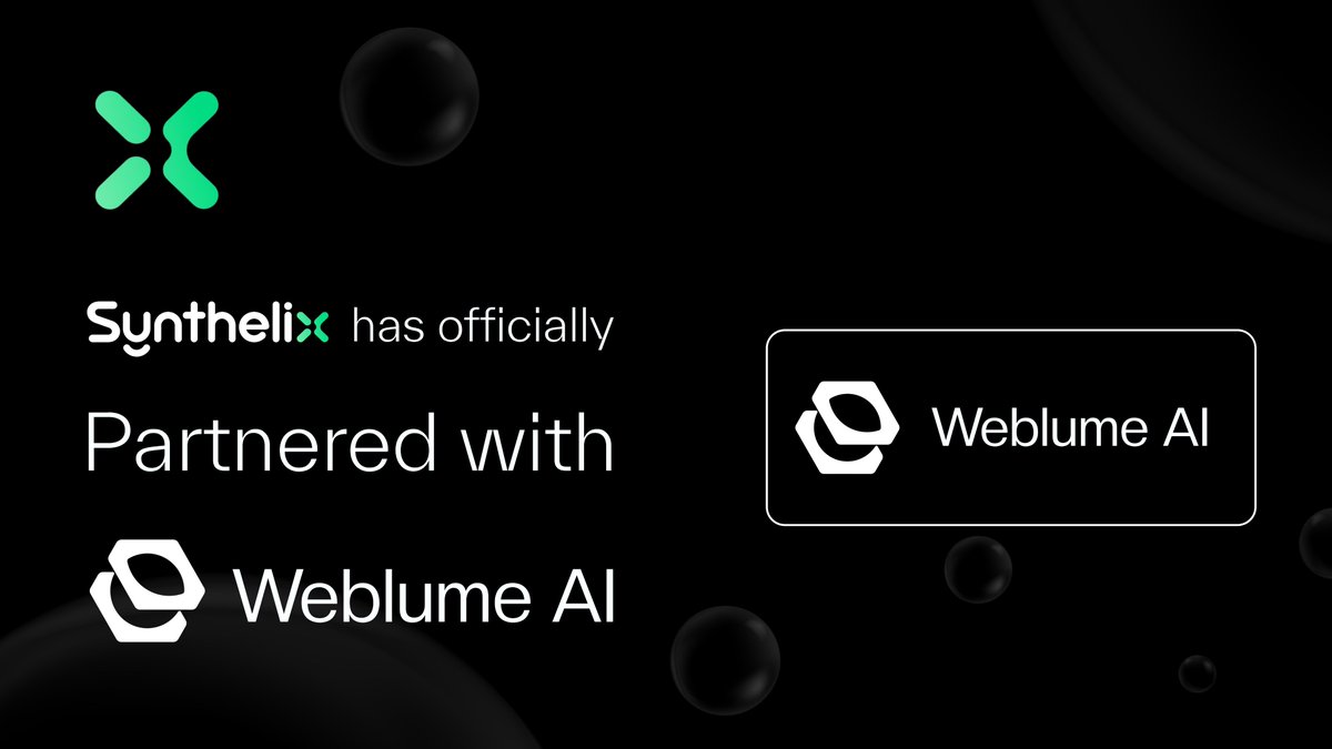 Synthelix's tweet image. Strategic Partnership Announcement: Synthelix AI x @WeblumeAI
We’re thrilled to announce our strategic partnership with @WeblumeAI, the no-code Web3 builder unlocking instant creation of smart contracts, dApps, and full-stack blockchain experiences — powered entirely by AI.…