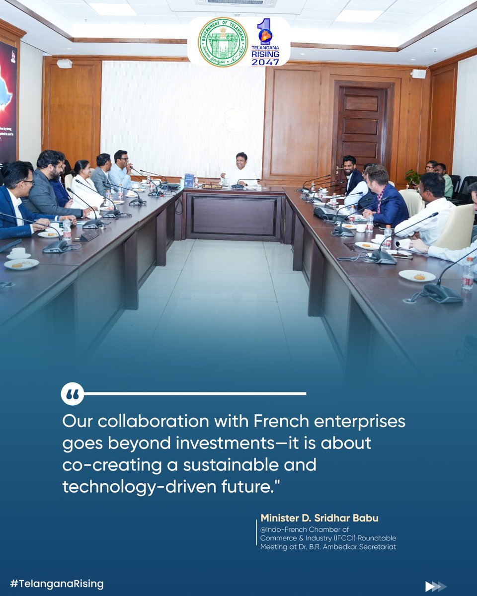 TGRising2047's tweet photo. 🤝 Telangana–France Roundtable
Minister @OffDSB  met French industry delegates at IFCCI to showcase Telangana’s ₹3L Cr investment momentum, Future City vision &amp; AI-led governance.
Sanofi, Safran, Capgemini &amp; more already onboard!

#TelanganaRising #IFCCI #FutureCity https://t.co/WENK28VM9x