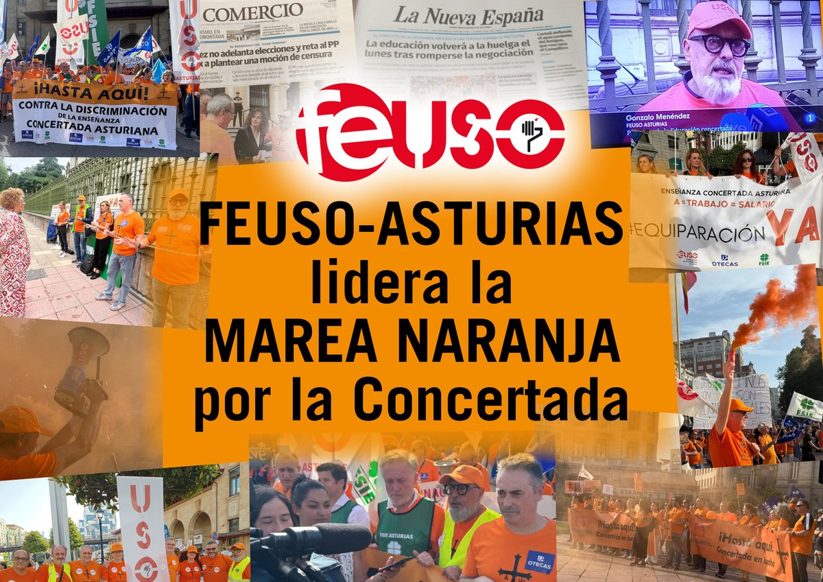 Los centros de enseñanza concertada de Asturias viven estos días una movilización sin precedentes bajo la bandera de la “Marea Naranja”, impulsada por FEUSO-Asturias y respaldada por el grueso de sindicatos del sector.

feuso.es/actualidad/201…