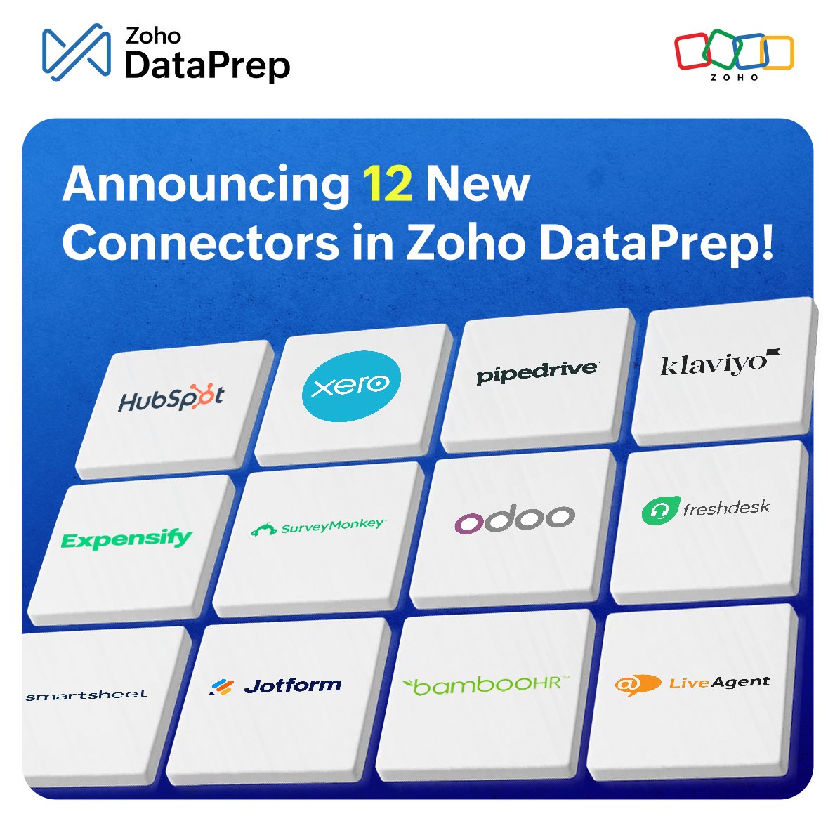 zohodataprep's tweet image. 📣Tired of juggling data across too many tools? Zoho DataPrep just added 12 new data connectors to our suite of 80+ integrations!
Now you can easily automate your data workflows from tools like HubSpot CRM, Xero, SurveyMonkey and more.🚀
🔗Read more: zurl.co/hBSSz