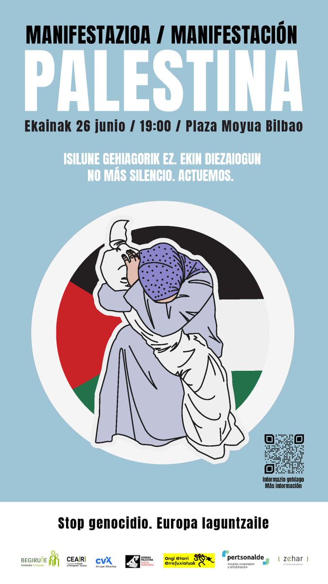 Batu elkartasunera! 
  
Bihar, Bilboko Bizikidatasun plazan (Isozakin), 11:30ean.
Ostiralean, 19:00etan Areatzan. 
Larunbatean, 19:00etan Eliptika plazan.

¡No dejemos de hablar de Palestina!  
Bilbo antisionismoz eta elkartasunez janzten ari gara.