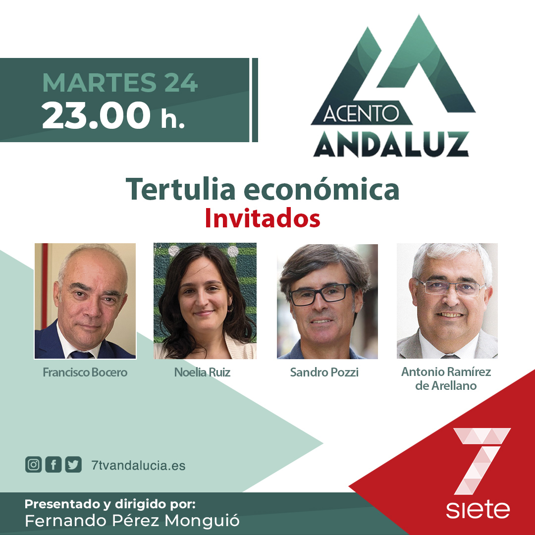 #TertuliaEconomica en #AcentoAndaluz de
<a href="/7TVAndalucia/">7TV Andalucía</a> 
23h <a href="/FP_Monguio/">Fernando P. Monguió</a> conducirá análisis de <a href="/PacoBocero/">Francisco J. Bocero</a> <a href="/sandro_pozzi/">Sandro Pozzi</a> <a href="/NoeliaRuizAlba/">Noelia Ruiz Alba</a> y <a href="/ARdeArellano/">Antonio Ramírez de Arellano</a> sobre contexto bélico internacional, mordidas, huelga metal y previsiones turísticas Columna #CronicasdelAndamio de <a href="/diegopsuarez/">Diego Suárez</a>