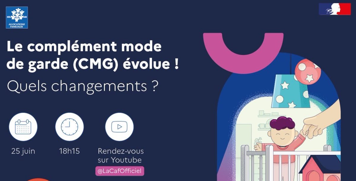 📢 [Réforme du CMG] : chat en direct le 25 juin 18h15 
Dès le 01/09, le Complément Mode de Garde évolue !
<a href="/Caf73_actus/">Caisse d'allocations familiales de la Savoie</a> vous invite à poser vos questions :

🗓️ Mercredi 25 juin 2025 à 18h15
🔗youtube.com/watch?v=XX6iCk…

 #accueil #enfants #familles #parentalité #CMG #financement