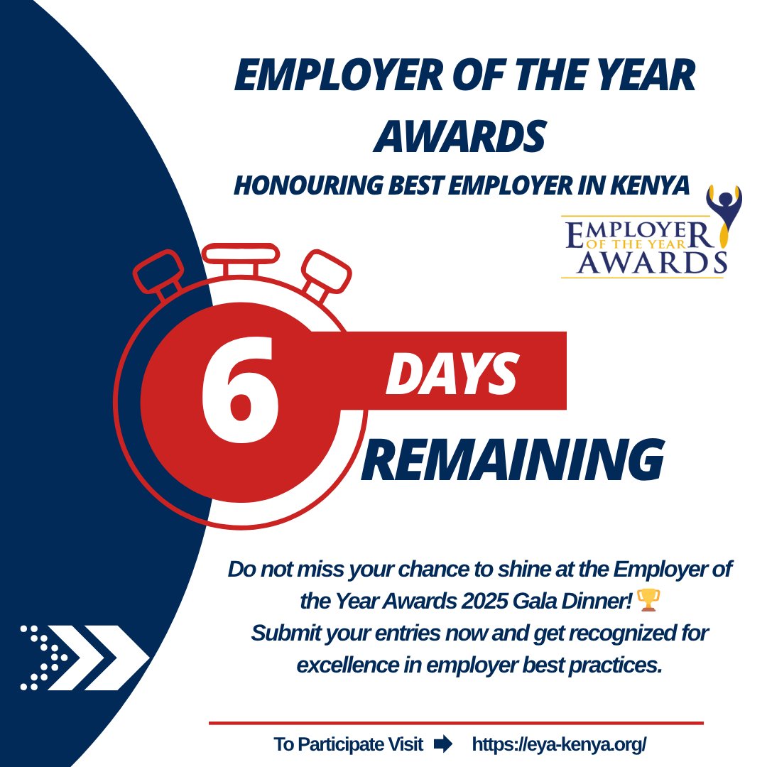 Don’t miss your chance to shine at the Employer of the Year Awards 2025 Gala Dinner! 🏆

Submit your entries now and get recognized for excellence in employer best practices.

To participate, visit eya-kenya.org

#FKE #EYA2025 #employerexcellence