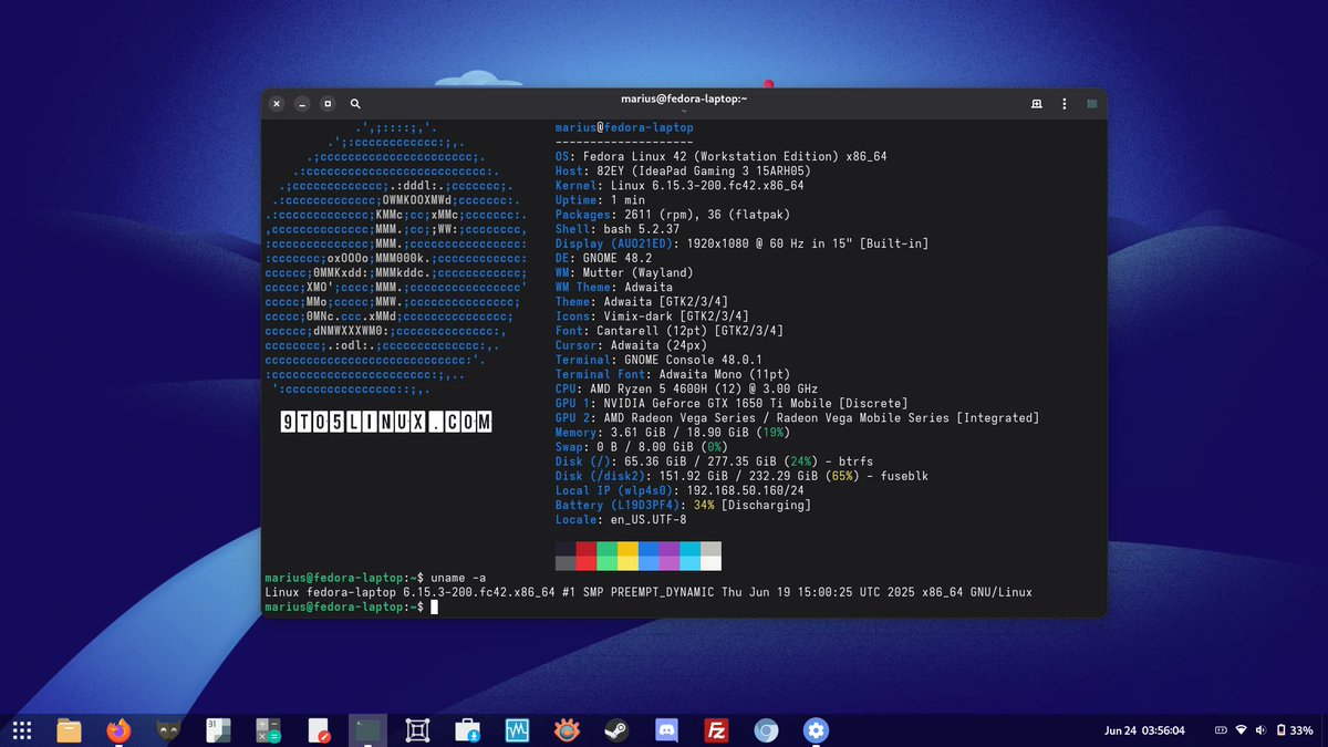 9to5linux's tweet photo. Fedora Linux 42 is now powered by #Linux kernel 6.15 🎩🐧 🙌 @fedora #OpenSource https://t.co/QYpqt4di0H