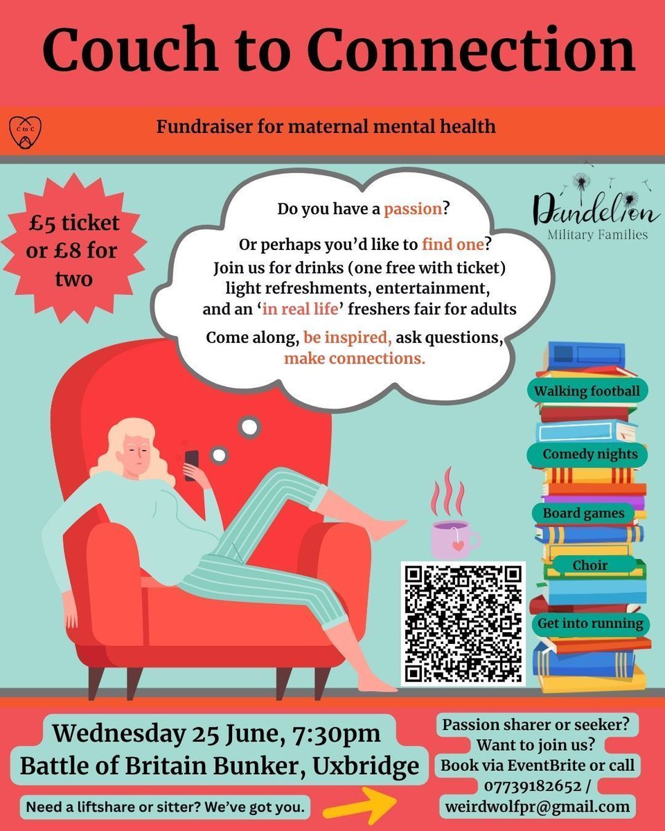 *Tomorrow*

The Battle of Britain Bunker is the venue for Couch to Connection, where you can share, discover or rekindle your "in real life" passions at a freshers fair for adults! #MentalHealth

📍 Visitor Centre
🗓️ Wednesday 25 June, 7:30pm - 10pm
🔗buff.ly/WSRdgHV