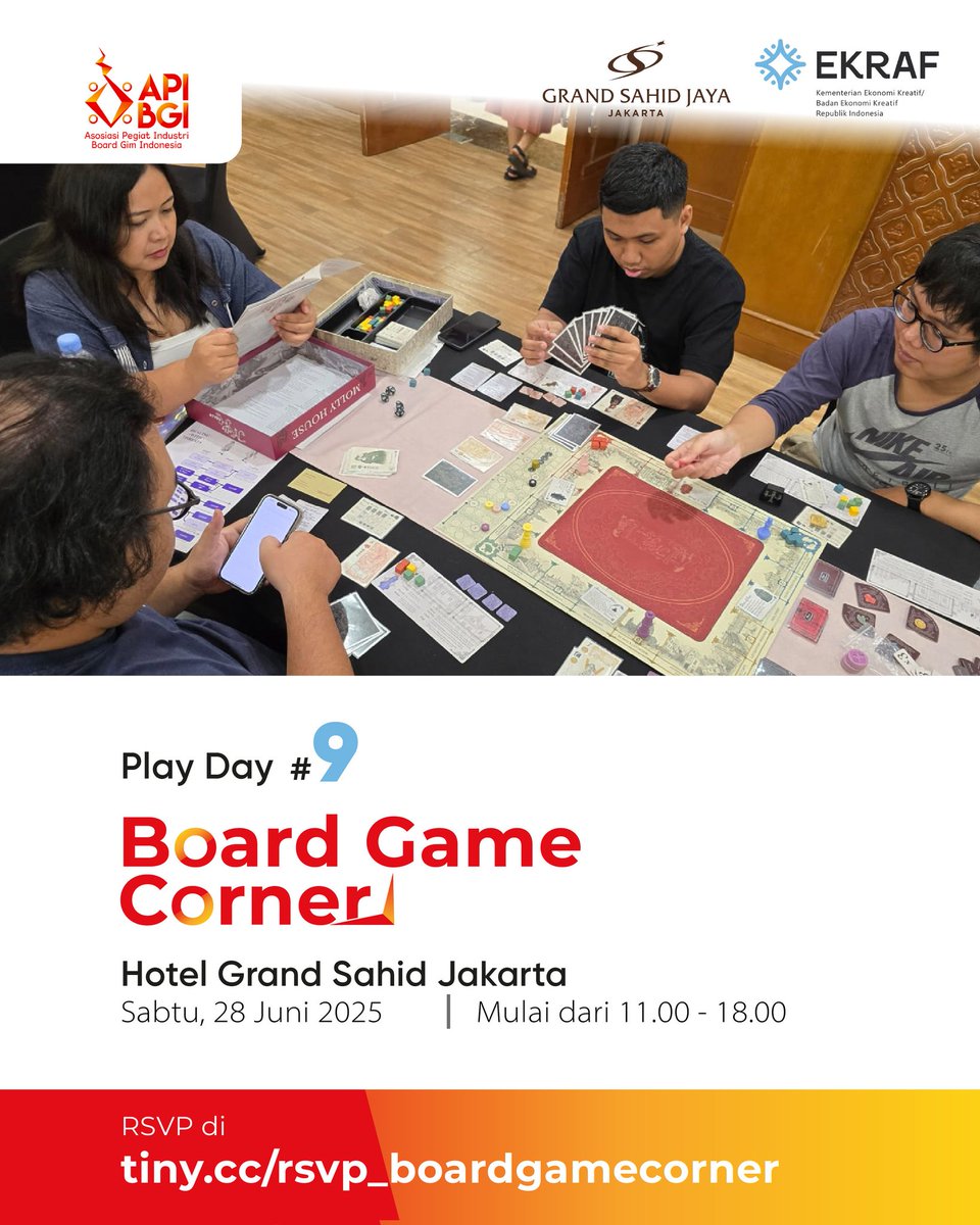 mahawirasd's tweet photo. PLAYDAY APIBGI x Grand Sahid Jaya

GRATIS!!

Sabtu  28/06/2025
11.00 - 18.00 WIB

di Meeting Rooms lantai 2

Hotel Grand Sahid Jaya
https://t.co/pfDr3Rrrsm

yu mari main bareng gengs!

#APIBGI #playday #boardgames #playunplugged https://t.co/esDFa5hh7Z