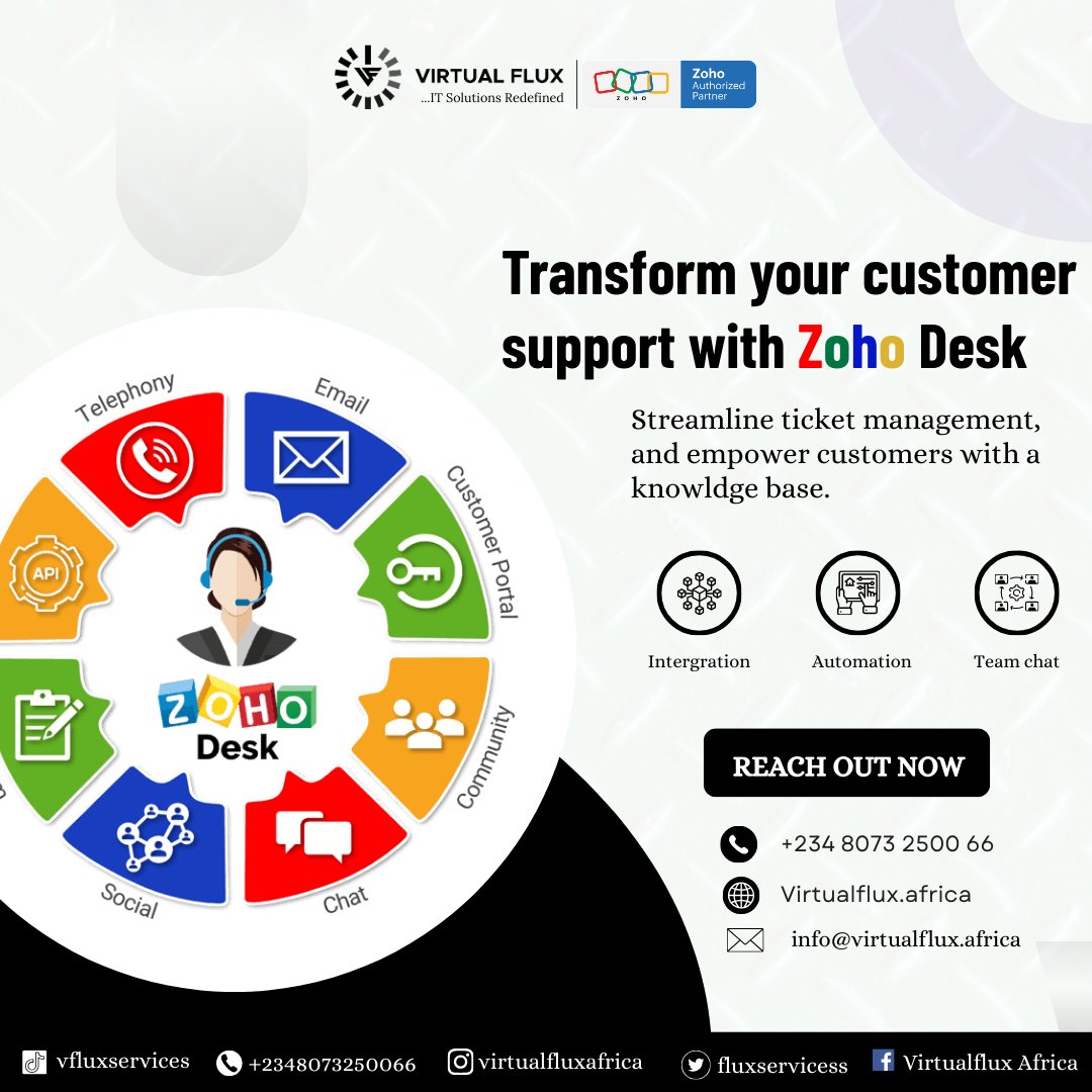 fluxservicess's tweet image. Turn every customer query into a win with Zoho Desk!
 
From emails to live chat, manage it all in one smart, efficient platform. 

Supports thats faster, smarter, and built for growth

#ZohoDesk #CustomerCare #HelpDeskExcellence #ZohoForBusiness #SmartSupport #VirtualFluxTools