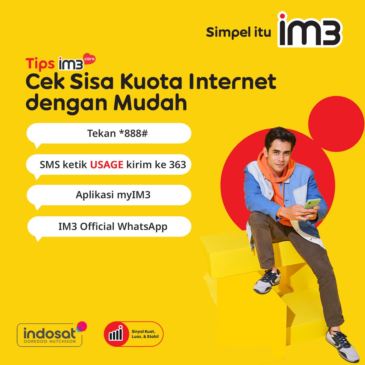 CareIM3's tweet photo. Cek kuota rutin itu penting, biar gak kehabisan di tengah scrolling!

Pilih cara yang #SahabatBaikku suka untuk cek dengan mudah. Gak ada alasan lagi kehabisan kuota tanpa sadar 😎💛 https://t.co/UrEwu0xtjl