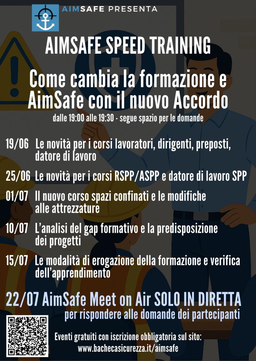 AimSafe Speed Training
Il nuovo Accordo sulla formazione
Episodio 2: le novità per i corsi RSPP/ASPP e datore di lavoro SPP

25/06/2025 dalle 19,00 alle 19,30 segue spazio per le domande bachecasicurezza.it/courses/course…