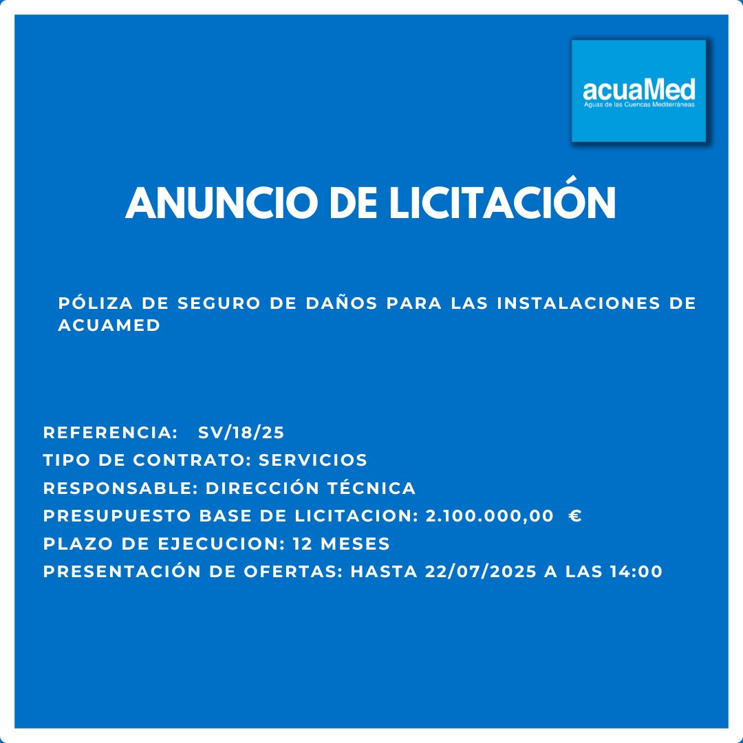 📣 Anuncio de licitación
Póliza de seguro de daños para las instalaciones de Acuamed

+información aquí 👇
acuamed.es/es/en-curso/sv…