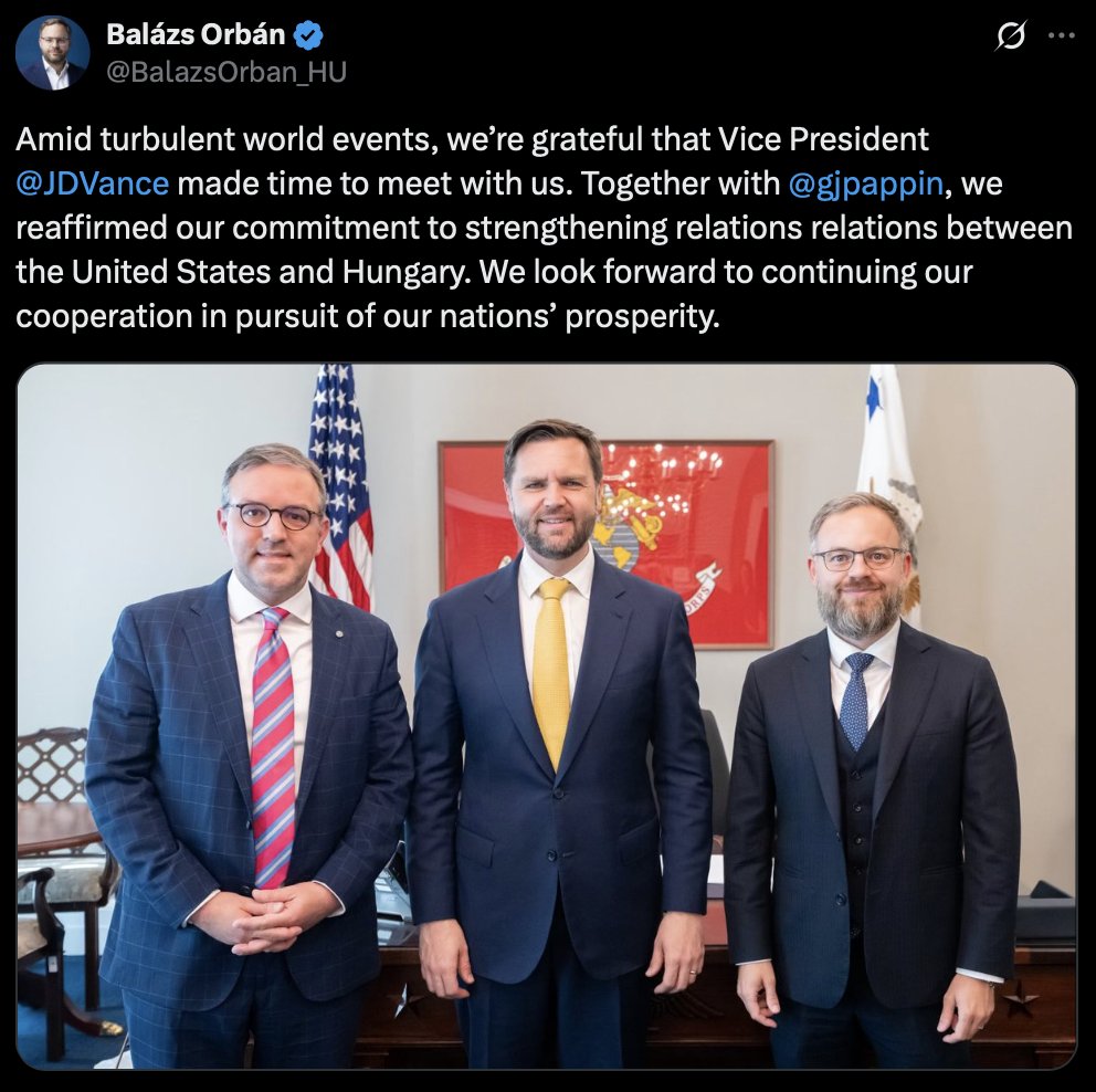 🤯Still amazes me: while Orbán's gov’t vilifies Hungarian NGOs and media as “foreign agents,” they appointed JD Vance’s friend, U.S. political scientist Gladden Pappin, to lead the Orbán govt's foreign policy think tank. So much for “sovereignty” and fighting “foreign influence.”