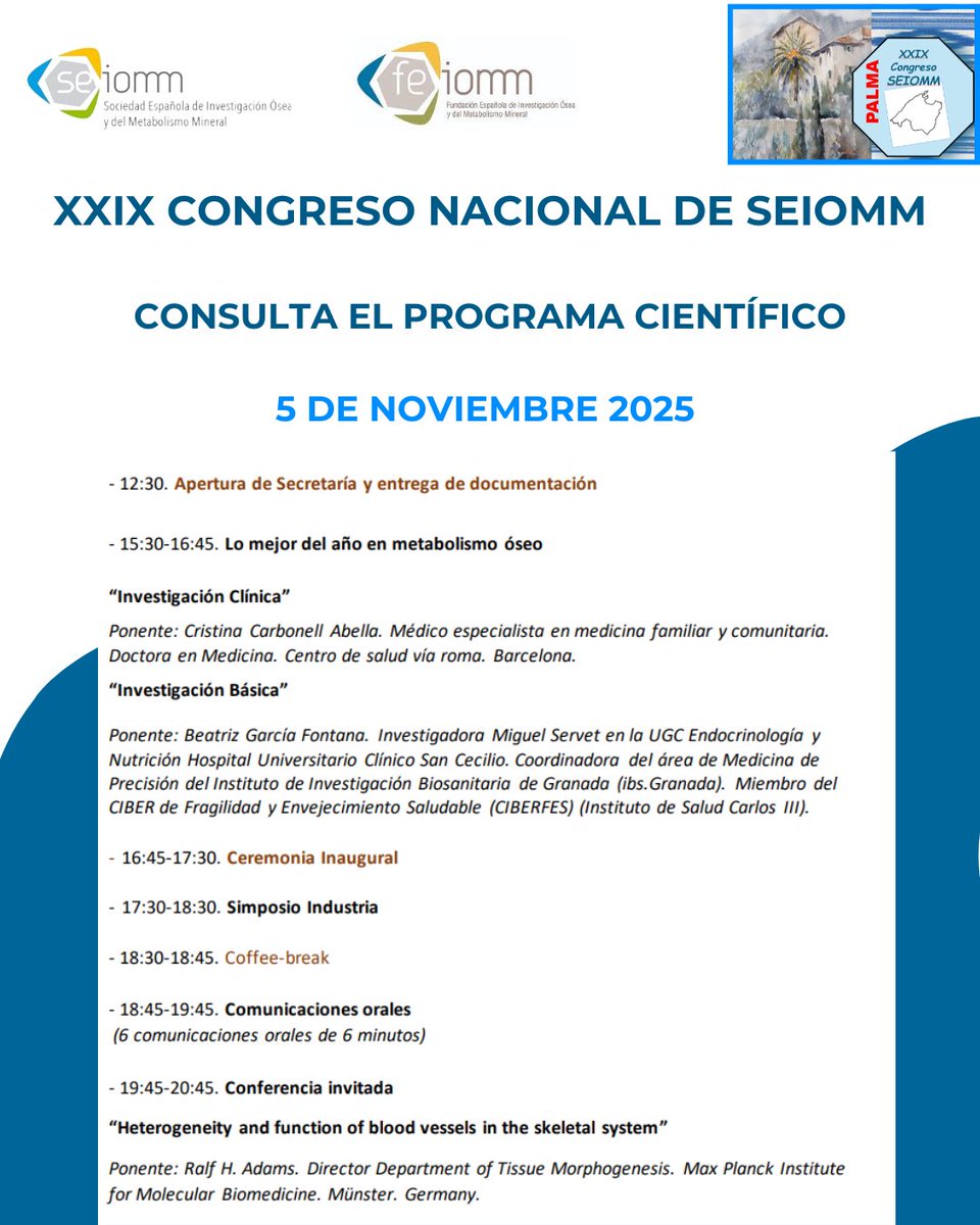 seiomm's tweet image. XXIX Congreso Nacional de SEIOMM
Te dejamos la programación del 5 de noviembre
🧠 Investigaciones, formación y avances en metabolismo óseo
📍 ¡Nos vemos en el Palacio de Congresos!
👉 Toda la información en: seiomm.org/congreso-seiom…
#SEIOMM #FEIOMM