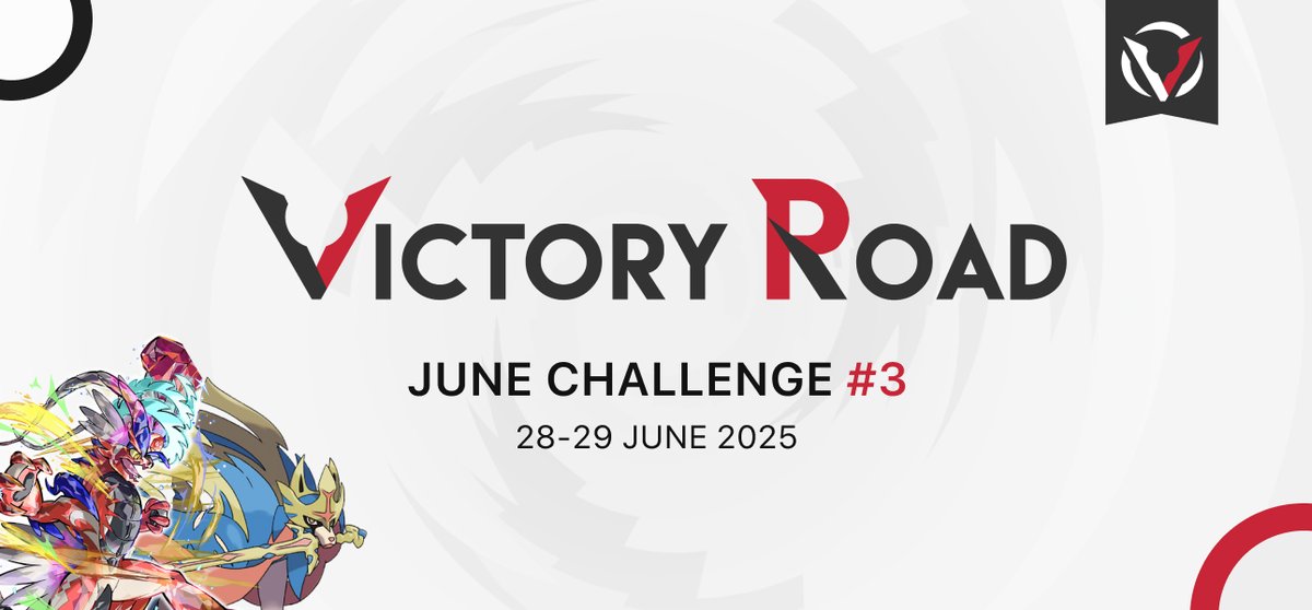 Join us for the VR June Challenge #3, this time at an earlier timeslot! 🚀🌐

🗓️ 28–29 Jun, 07:00 UTC
🎮 VGC Reg. Set I
🎟️ $10 USD
🔁 RT for a chance of a free entry!
📖 Info: victoryroad.pro/vr-jun25-3/
👉 Sign-ups: battlefy.com/victoryroad/vi…