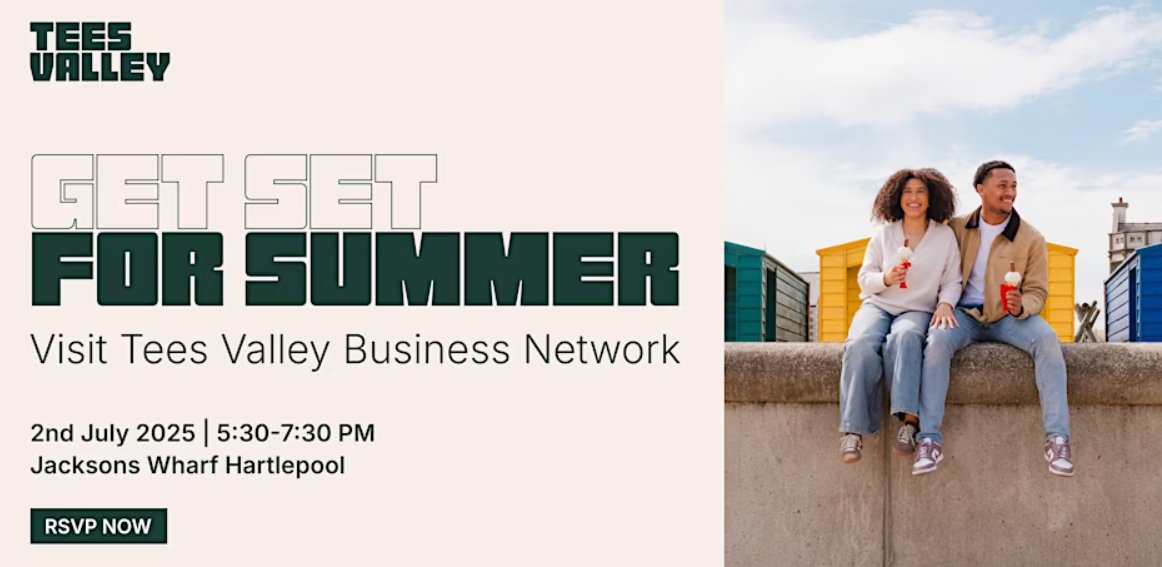 ☀️ Get set for summer with the <a href="/VisitTeesValley/">Visit Tees Valley</a>  team!

Join them to learn about major events, developments, and openings, and boost your business with networking opportunities.

The session takes place next week in Hartlepool.

Reserve your free spot 👇
eventbrite.co.uk/e/visit-tees-v…